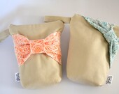 Set of 2 Accessory Pouch Lens Pouch Cosmetic Case MakeUp Bag  Zippered Natural Cotton Linen with Lace Bow