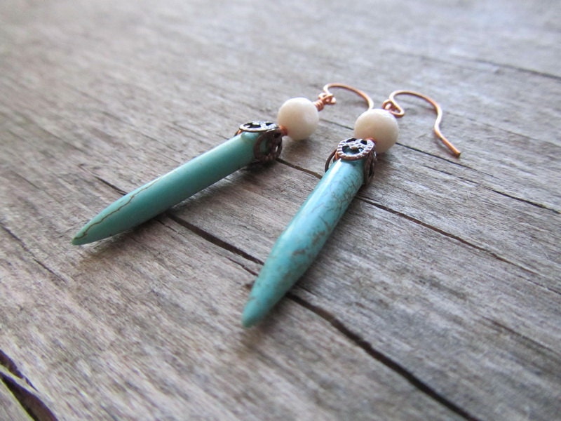 Turquoise copper earrings - turquoise dagger - spike earrings - summer earrings - blue white copper - europeanstreetteam