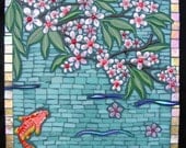Stained glass mosaic - "Spring Fruit Blossoms with Koi"