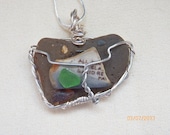 Silver Wire Wrapped Pendant Baked Brown Brick Sea Pottery with a unique piece of Plate Pottery and Sea Glass Charms