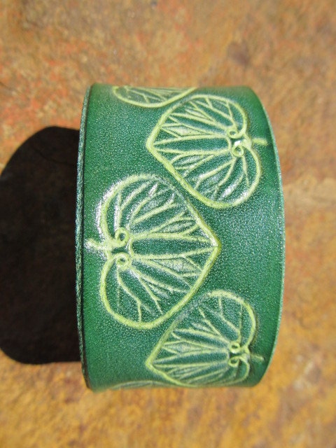Hand Painted Tooled Leather Cuff Bracelet - Wide - Large Leaves - Your choice of colored stain available