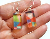 OOAK Multi Color Mosaic Design Recycled Material Glass Tile Earrings Silver Dangle Upcycled Paper Repurposed Magazine Wire Hooks Colorful