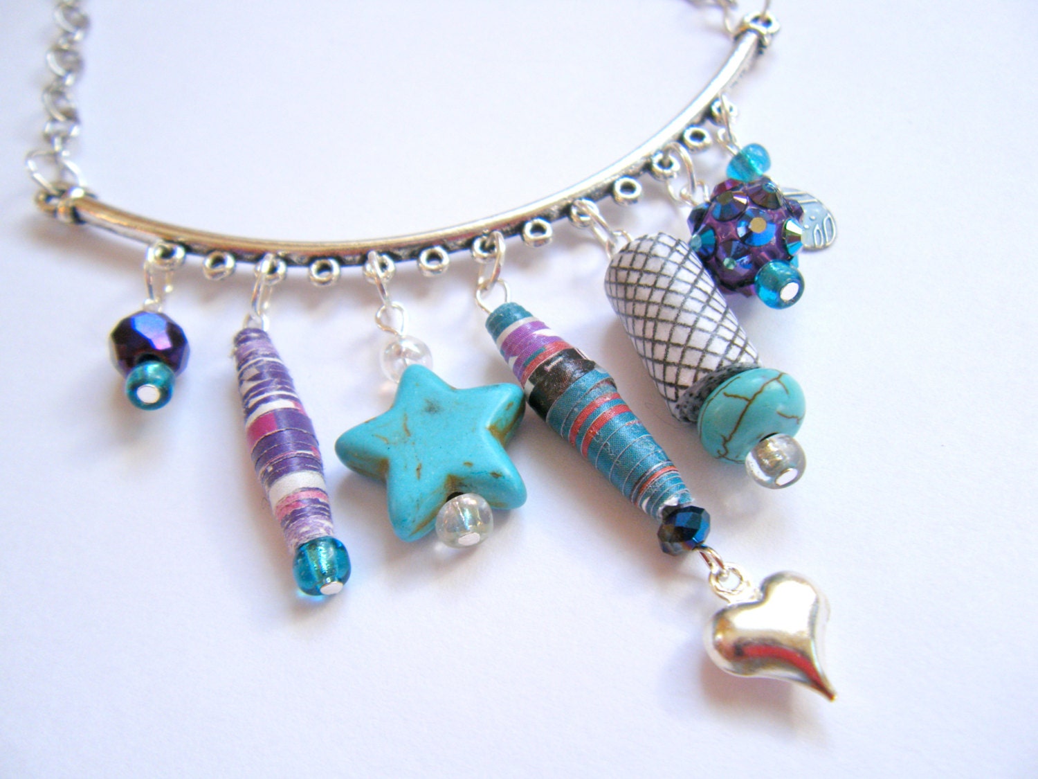 OOAK Multi Charm Turquoise Purple Necklace Silver Chain Star Heart Recycled Material Paper Beads Glitter Trinket Dangle Jewelry