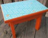 Orange Painted Wooden Stool with Floral Turquoise Top -- colorful stool, children's playroom