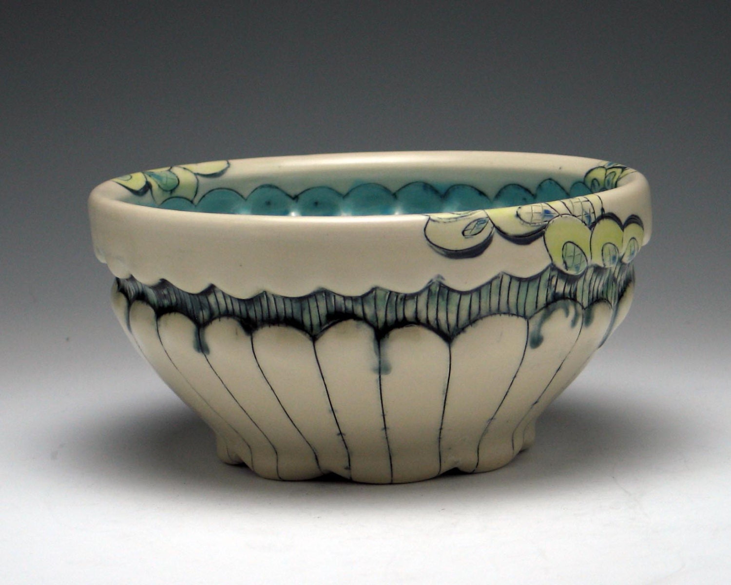 Serving Bowl with Florals and Stripes by DeBuse Ceramics