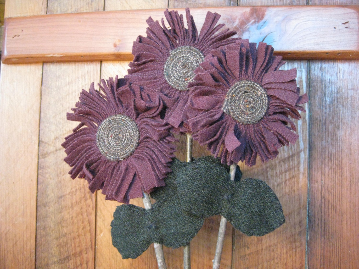 recycled wool scrap rug hooked purple primitive sunflowers on hickory sticks