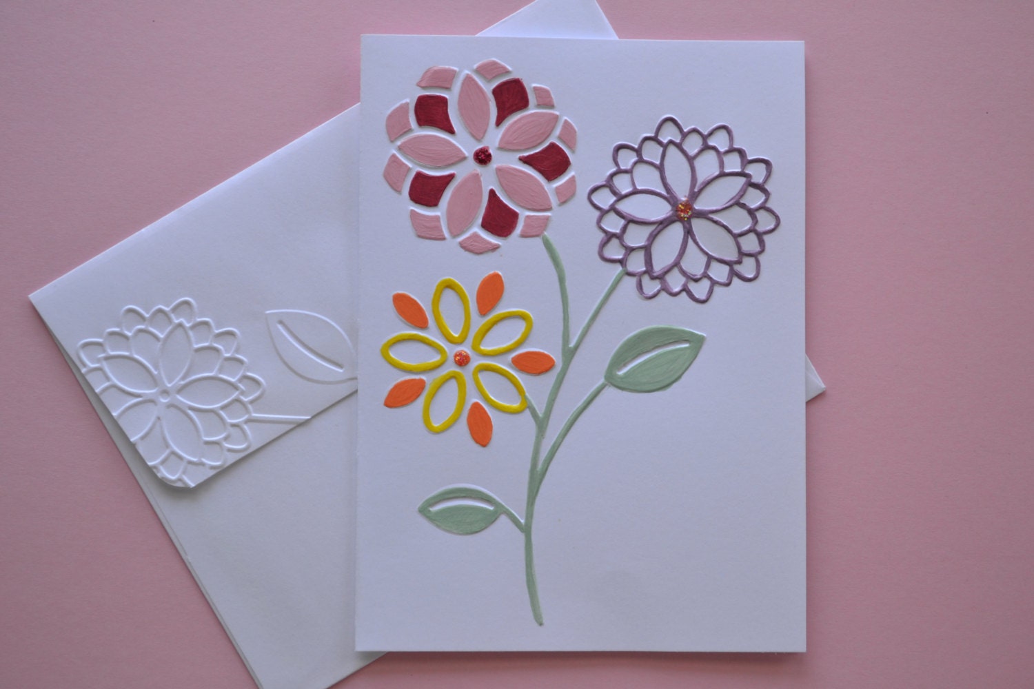 Set of 10 Hand painted Note/'Thinking of You Cards with Embossed Flowers