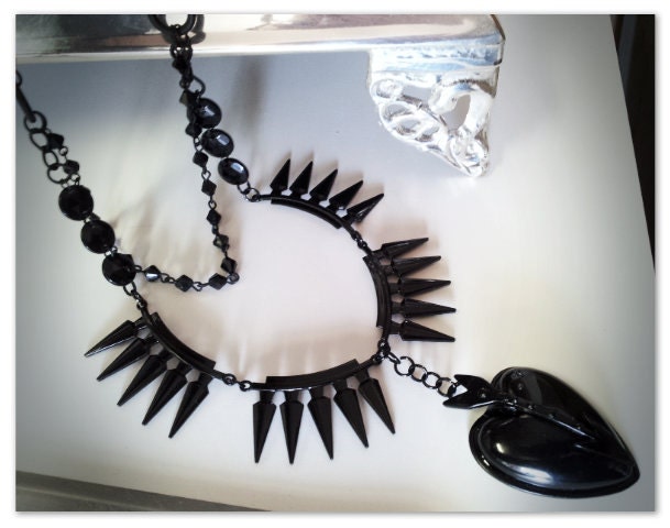 Chic Dagger- Black heart with arrow and spiked dagger beaded chain victorian necklace elegant chic goth edwardian nouveau boho noir jewelry