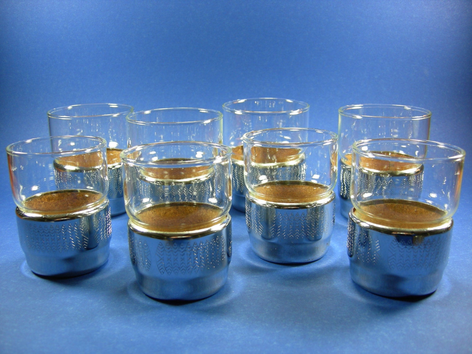 Barware Glasses, Chrome Removable Cork Lined Base Coasters, Two Sizes, Set of Eight (8), Two (2) Chrome Serving Tray