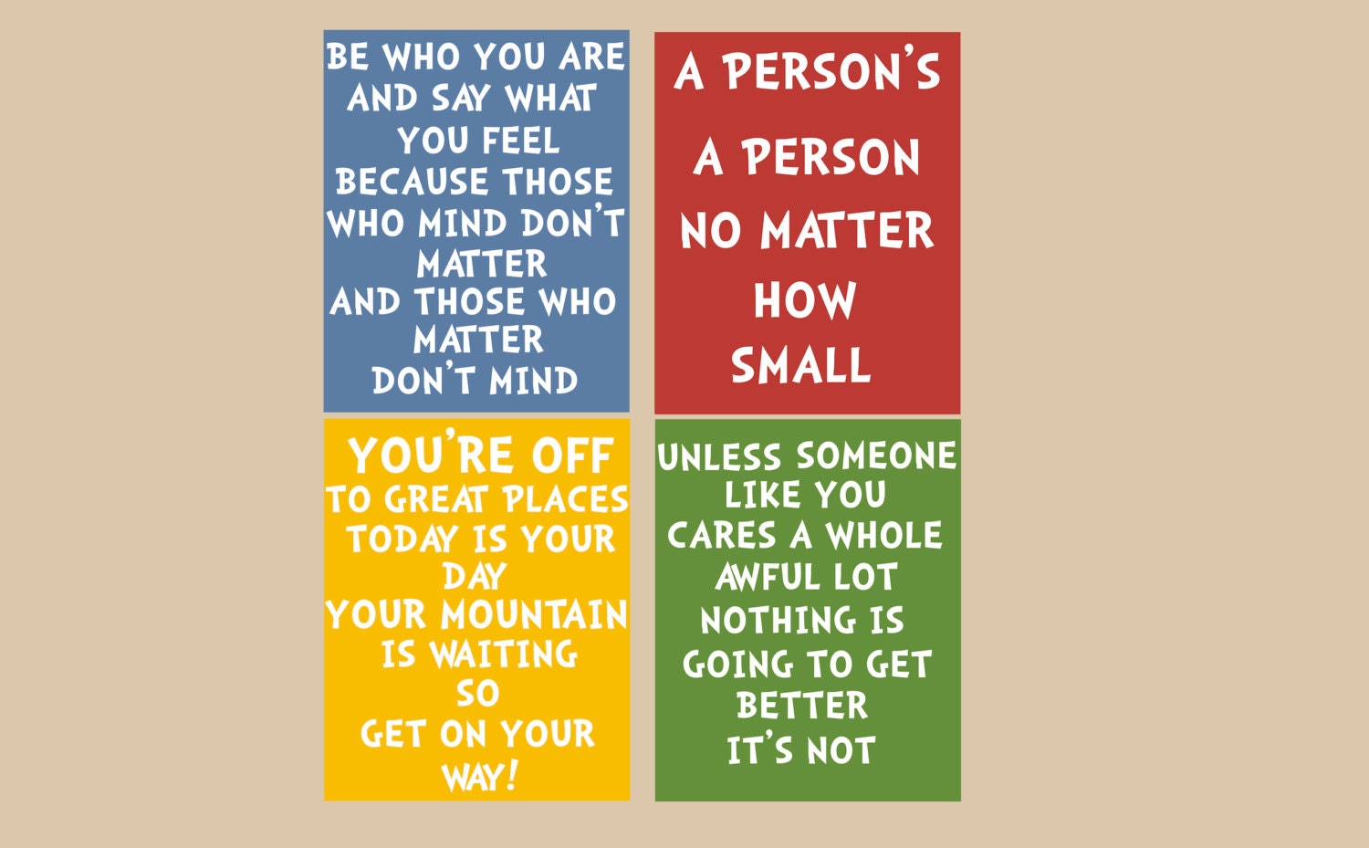 Kids Wall Prints- Nursery Decor- Wall Decor- Dr. Seuss Quotes- Set of 4 Quotes- Shown in Blue Red Yellow Green