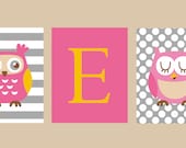Nursery Decor- Kids Wall Art- Set of 3 8x10 Prints- Custom Nursery Initial- Owls- Gray, Pink, and Yellow Color Scheme- Polka Dots and Stripe