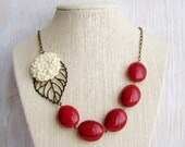 White dahlia necklace - flower bib necklace, polymer clay chrysanthemum, red beads, shabby chic necklace