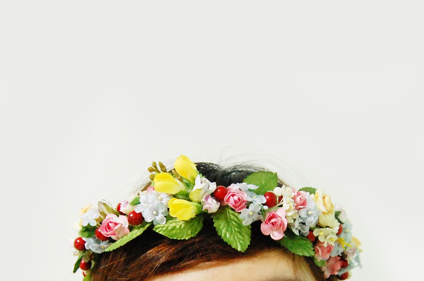 blossom garden crown - hair flower lovely gift for girls, pastel wedding, red golden seed, violet, purple, mori girl, paper flower forest