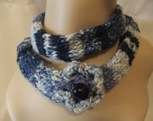 Handmade Knit Tube Rope Scarf Necklace Bracelet Hair Tie White and Shades of Blue Accessory Spring Summer Fall Winter