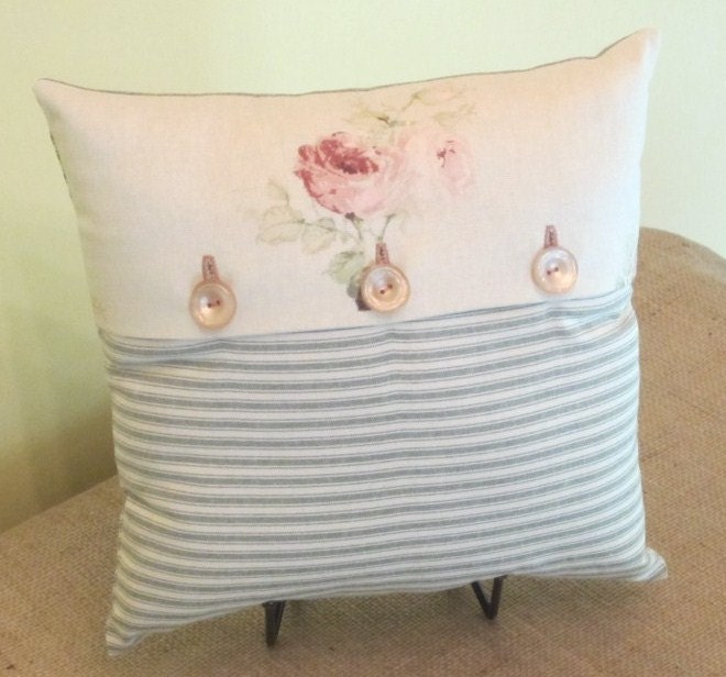 NOW HALF PRICE - Fine green stripe ticking with Faded Rose floral print cotton, button backed pillow/cushion with removable lavender sachet