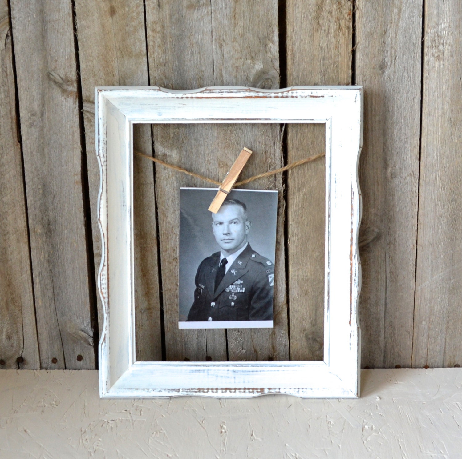 Shabby Chic Vintage White Wooden Frame With Jute and Clothes Pin