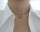 Heart Filigree Pewter Charm Dark Brown Leather Choker, Gift for her
