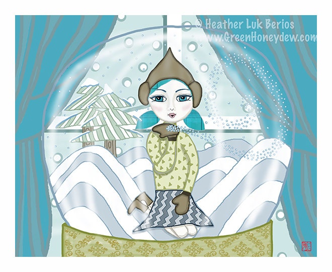 Snow Globe - 8x10 Fine Art Print - Digital Painting - Fantasy, Whimsical, Girl, Christmas, Holiday Gift, Winter