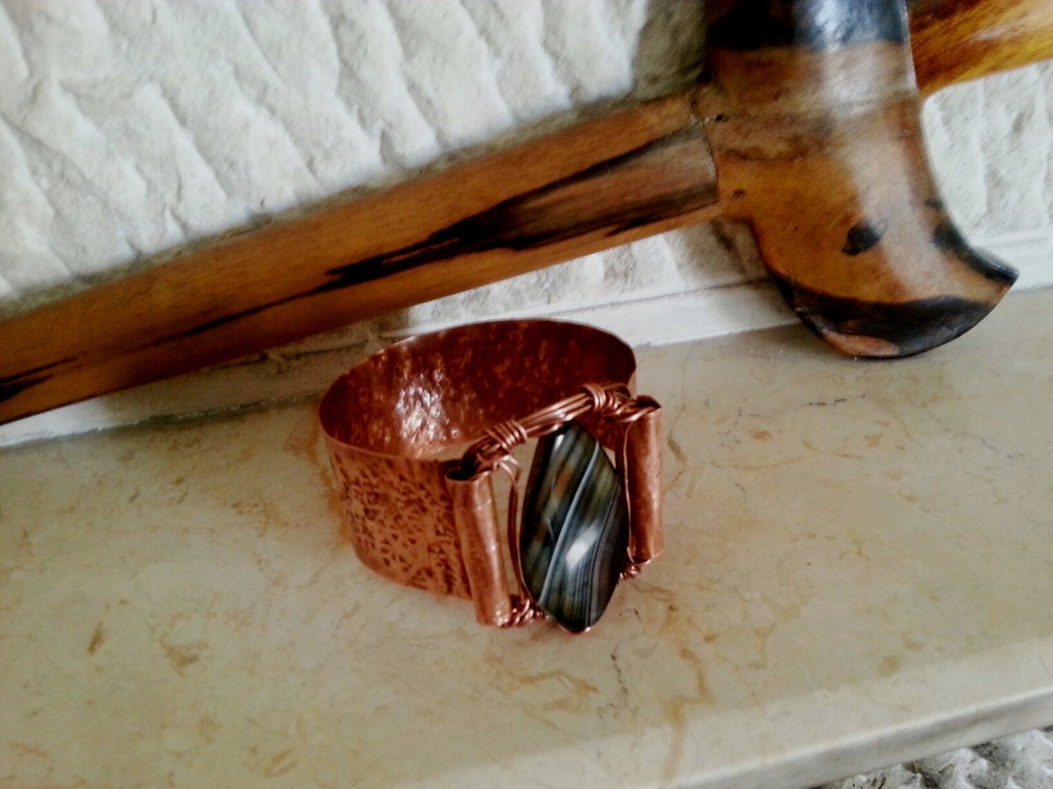 TEXTURE COPPER Cuff Bangles & AGATE Stone