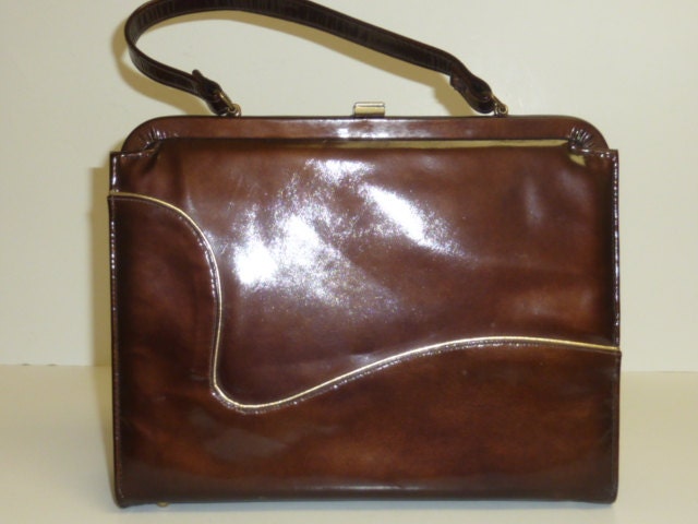 Vintage Mid Century Brown Patent Leather Purse / 1950s - 1960s Mad Men Style Handbag