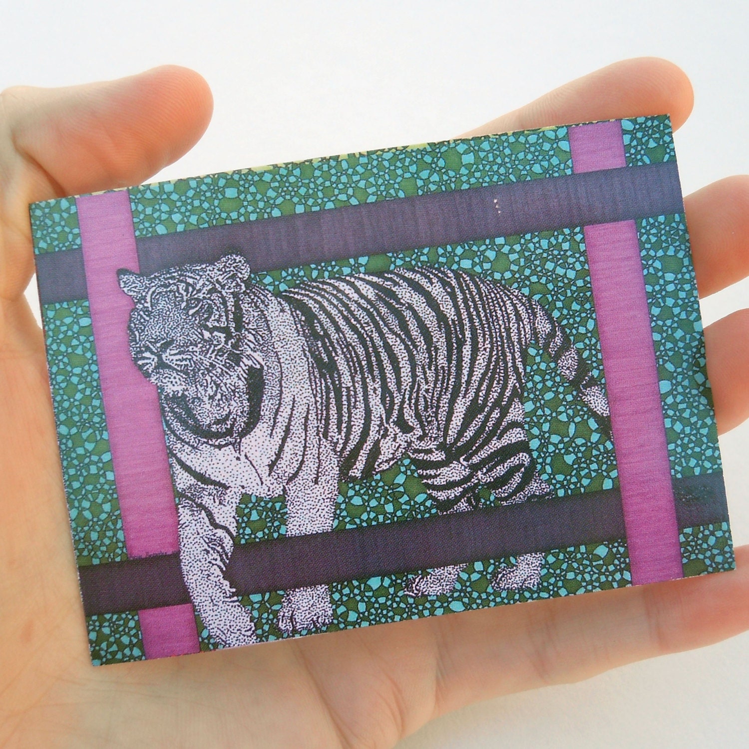 Tiger ACEO artist trading card purple green teal stipple drawing mini print ATC