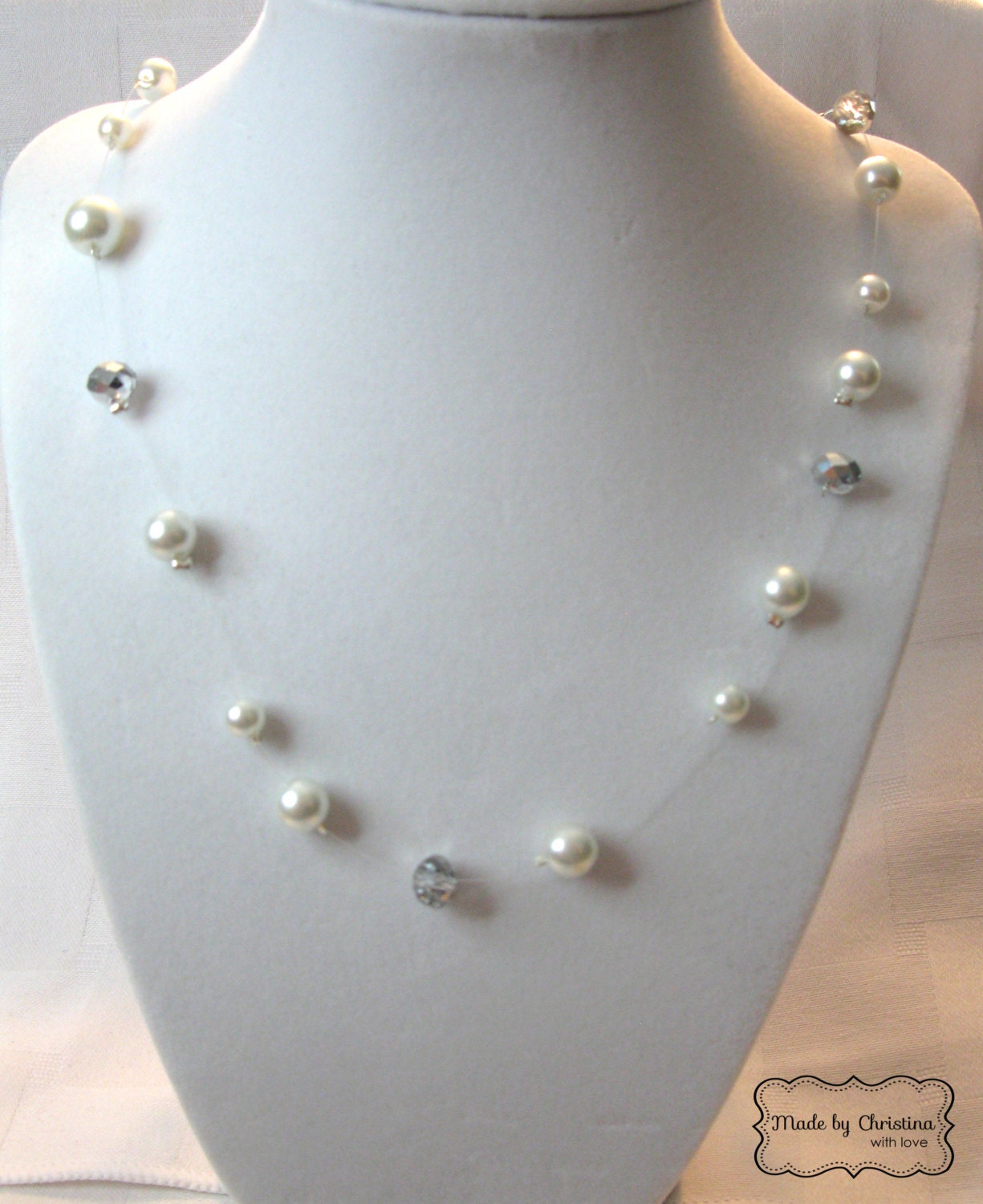Sparkly and Elegant Swarovski Pearl and silver rondelle beaded necklace- several colors available- wedding/prom/special event