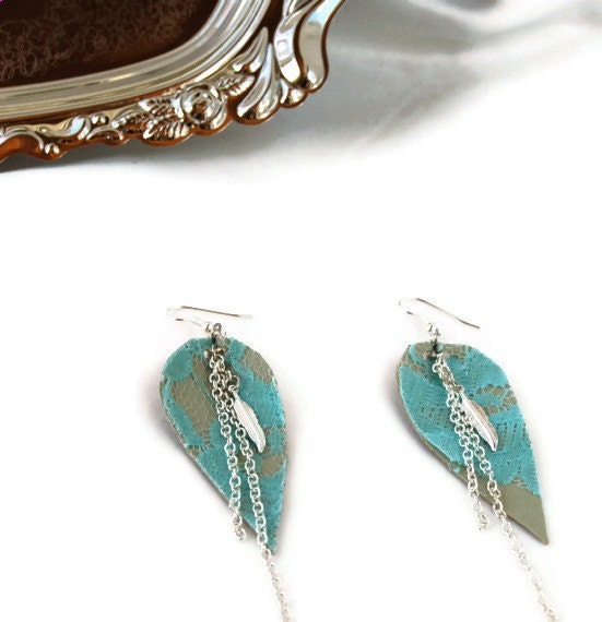 Feather spring earrings - Teal lace on leather - Vintage turquoise lace on upcycled cream ivory leather - SUZELLE - Eco-Friendly