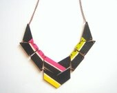 Black & Neon Geometric Necklace, Wood Triangles Bib,Wood Tribal Necklace,Geometric Jewelry
