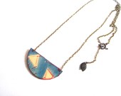 Tribal Geometric wood Necklace,Jeans Blue  Wood Necklace, Geometric Jewelry