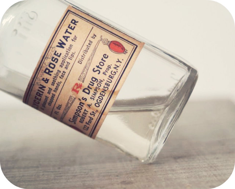 Antique Glycerin and Rose Water Drugstore Bottle, Duraglas Drugstore Bottle, Apothecary Bottle, Collectible, 1940s Pharmecy Bottle