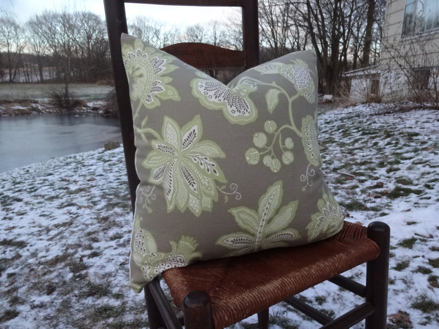 20x20 Tan Pistachio Green White Cotton Print Pillow Cover