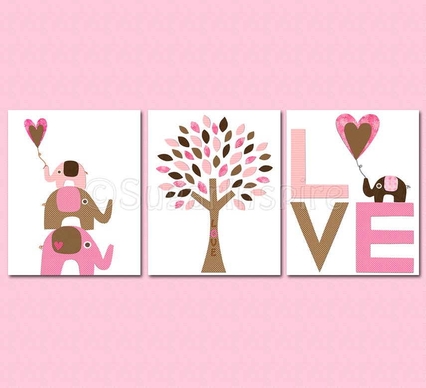 Pink and brown love Nursery Art Print Set, Kids Room Decor, Children Wall Art - elephants, baby elpehant, love tree, love nursery
