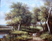 Original Framed Oil on Canvas Landscape Painting. Bulls, Lush Green Trees, Winding Path, Colorful Flowers. Free Shipping.