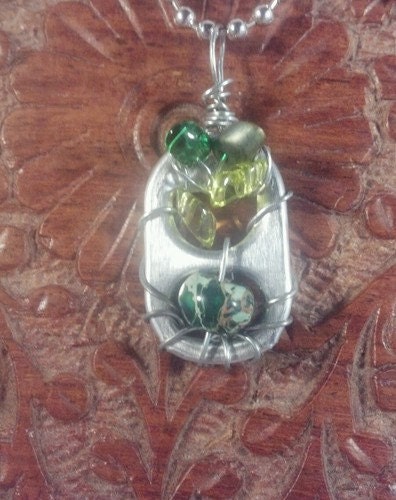 Handmade Beaded Soda Can Tab Pendant Green