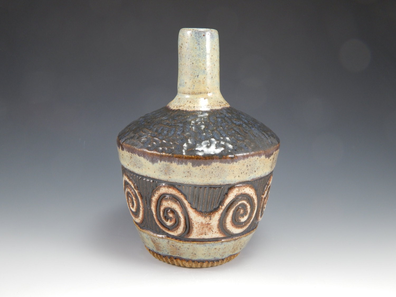 ceramic bottle, single bud vase, hand carved, green, spiral, hand thrown