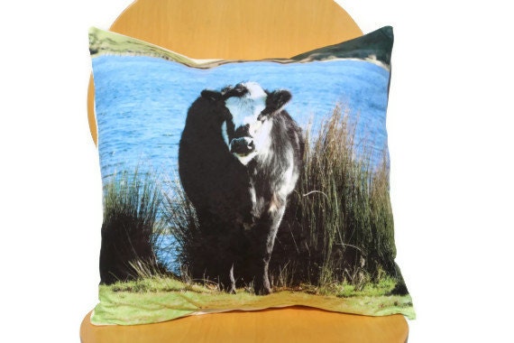 Pillow Cow free range on moors 18 x 18 cushion cover black white blue lake green grass