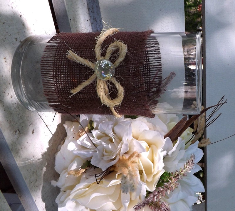 Set of 10 Rustic Glass, Burlap and Sisal Hand Decorated Flower Vases. Rustic, Vintage, Cottage Chic, Beach theme Wedding Ideas