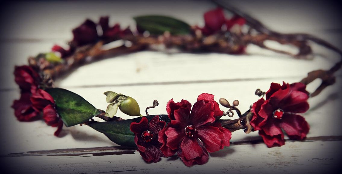 Flower head wreath-Woodland Flower crown Fabric Flowers with Rhinestone centers & faux berries