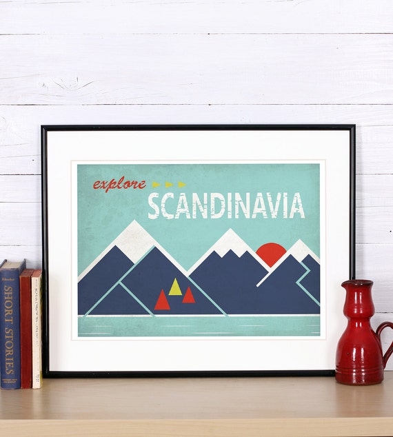 Retro print, poster, explore Scandinavia, discover Scandinavia, Scandinavian landscape, vintage poster, print, sunset, retro wall decor,