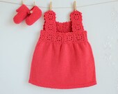 Knitted Baby dress in Coral, with matching shoes, 100% wool (ready to ship) - Nionoi