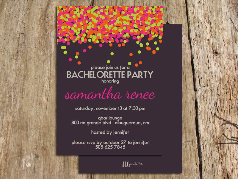 Kate Spade Inspired Neon Confetti Bachelorette Party Invitation - Digital File