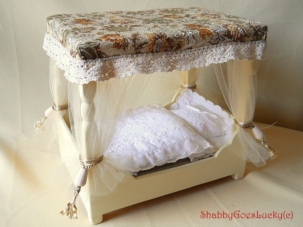 Dollhouse four poster canopy bed, handmade wooden shabby chic luxury dolls furniture mattress, pillow, bedcover, lace hanging brocade canopy