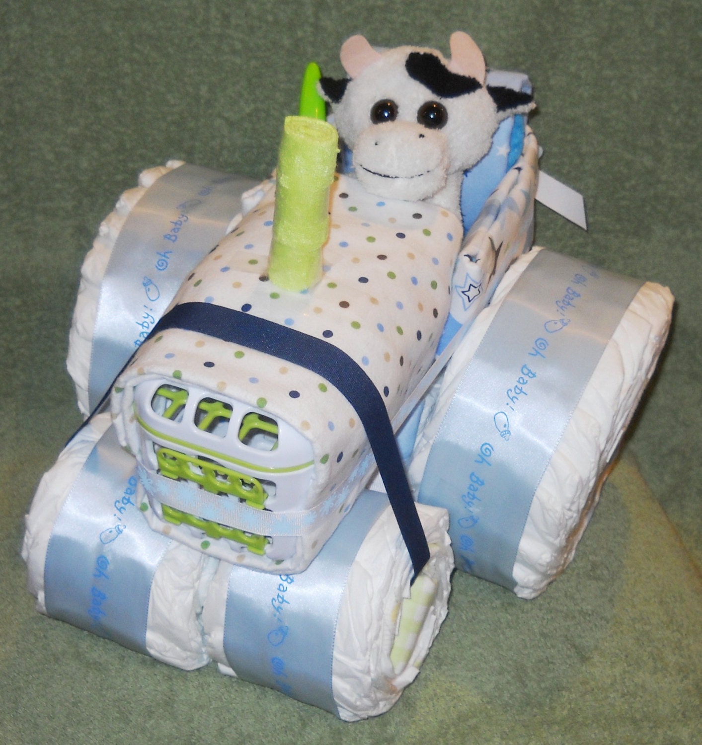 Unique Farm Tractor Diaper Cake with Cow for Baby Shower Centerpiece or Gift