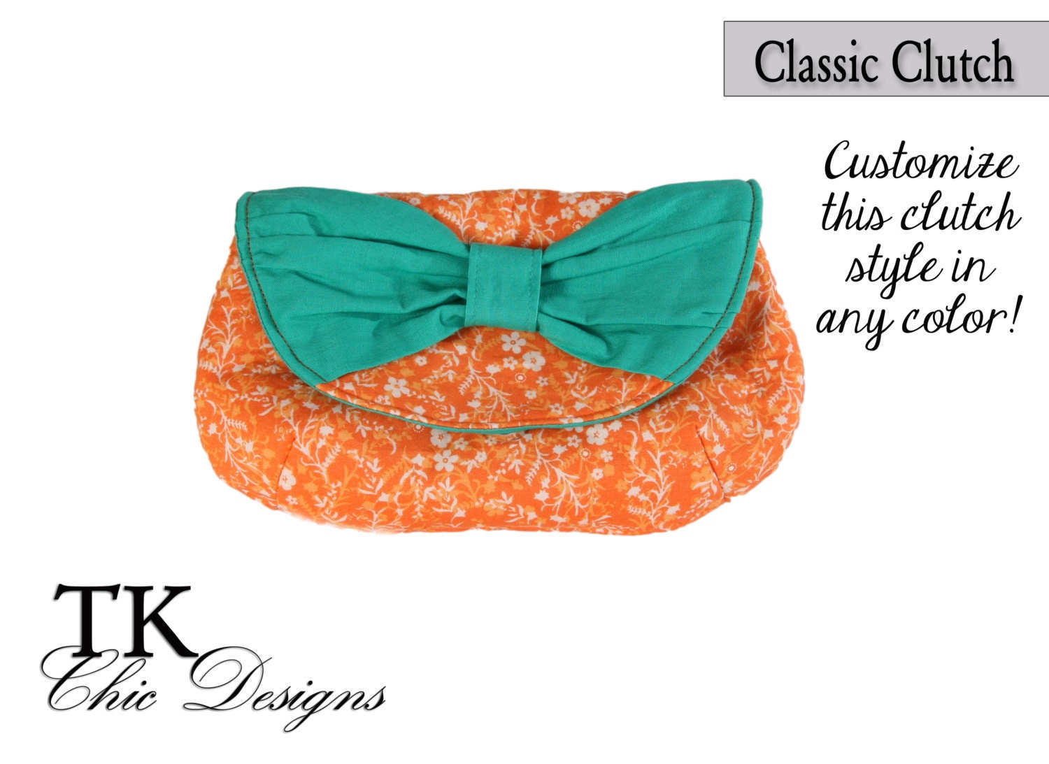 Gameday Classic Clutch in a floral print of orange with a teal accent bow