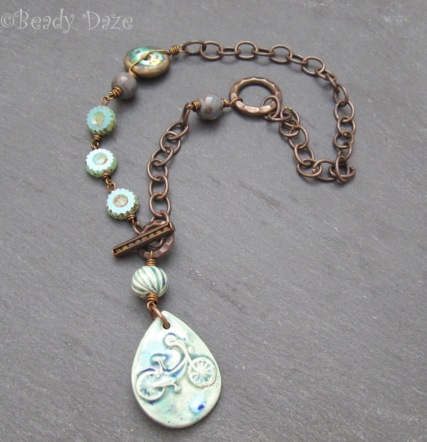 Bicycle necklace, ceramic bike pendant, wire wrapped jewelry