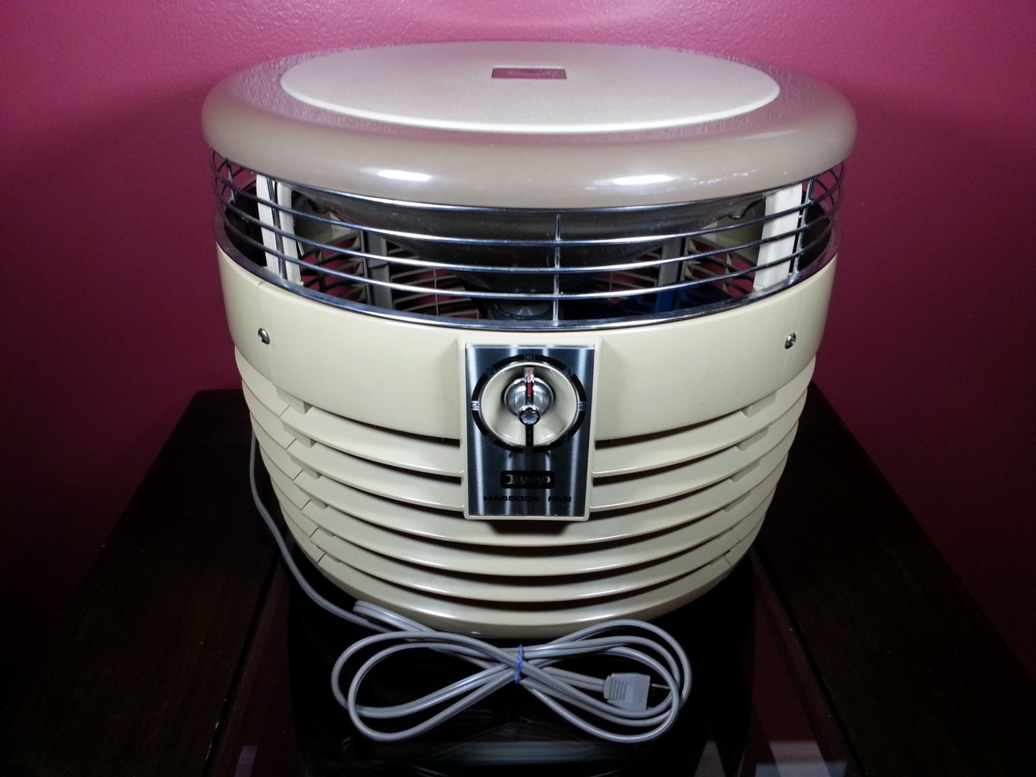 Vintage Tan with Clear Blue Blades Lasko 3 Speed Hassock Fan - Model 3152