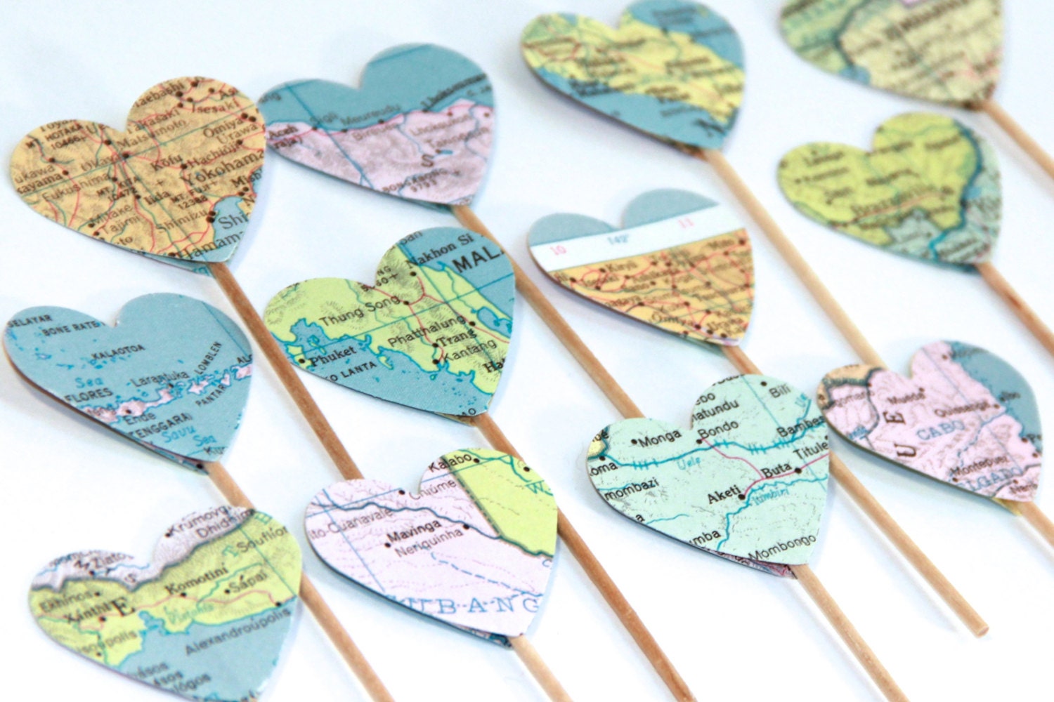 Vintage Atlas Heart Shaped Cupcake Toppers, Set of 12, Vintage Map, Wedding, Party Decor, Party Supplies, Travel Themed Party