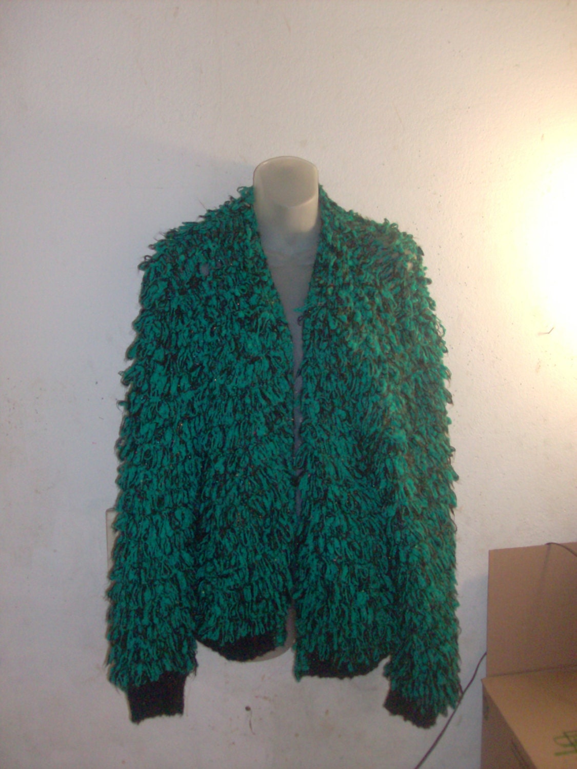 Vintage two tone 1980's Green, Black and Metallic Gold loop, Looped, Sweater jacket Coat by Road star//Roadstar