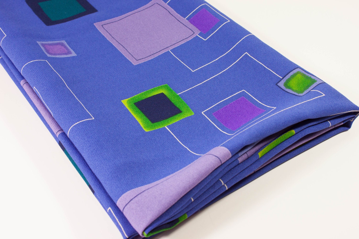 Vintage Fabric - Rayon Crepe Print - 80s Purple with Purple, Green and Lime Green Squares Material