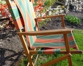 mid century retro folding three-position wood beach chair with striped canvas fabric orange, yellow, green, navy